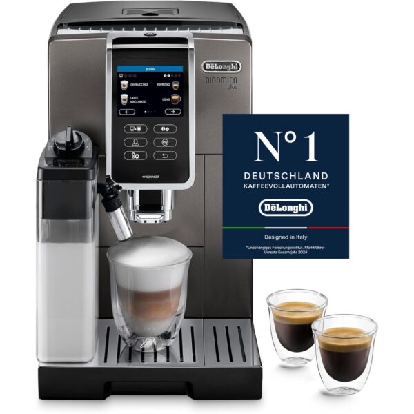 De'Longhi Dinamica Plus ECAM 372.95.TB Kaffeevollautomat mit LatteCrema Milchsystem, Cappuccino und Espresso auf Knopfdruck, Touchscreen Farbdisplay, Appsteuerung, Kaffeekannen-Funktion, Titan/Schwarz